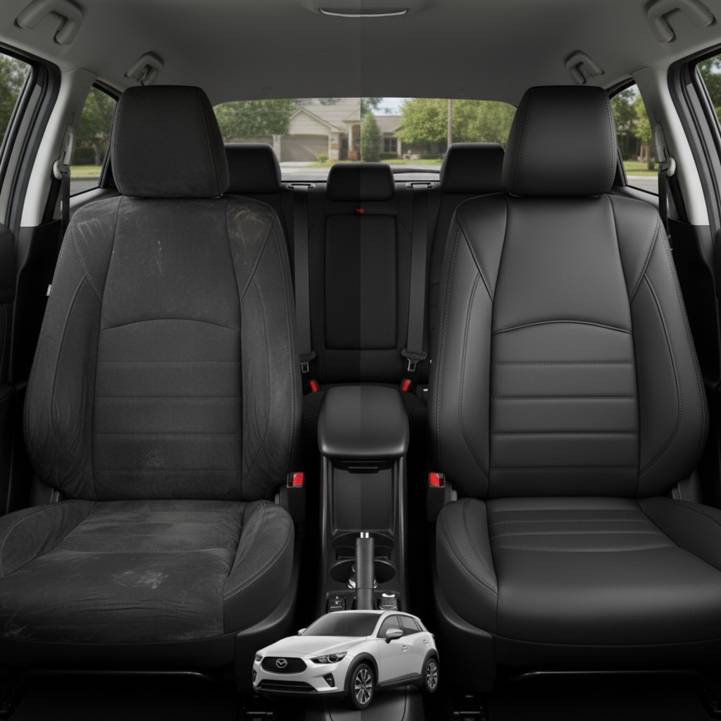 Before-and-after comparison of Mazda CX-3 front seats, showing original cloth seat upgraded to perforated leather upholstery.
