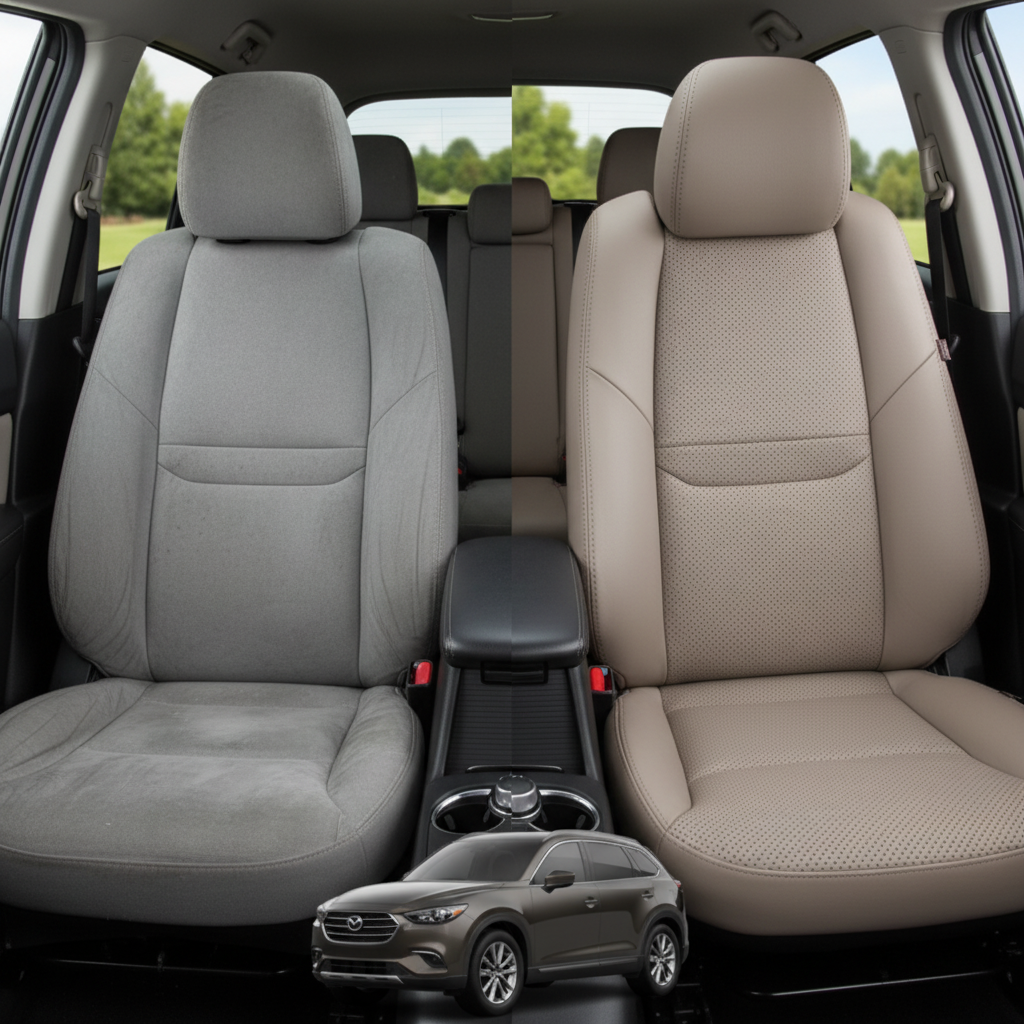 Before-and-after comparison of Mazda CX-9 front seats, showing original cloth seat upgraded to perforated leather upholstery.
