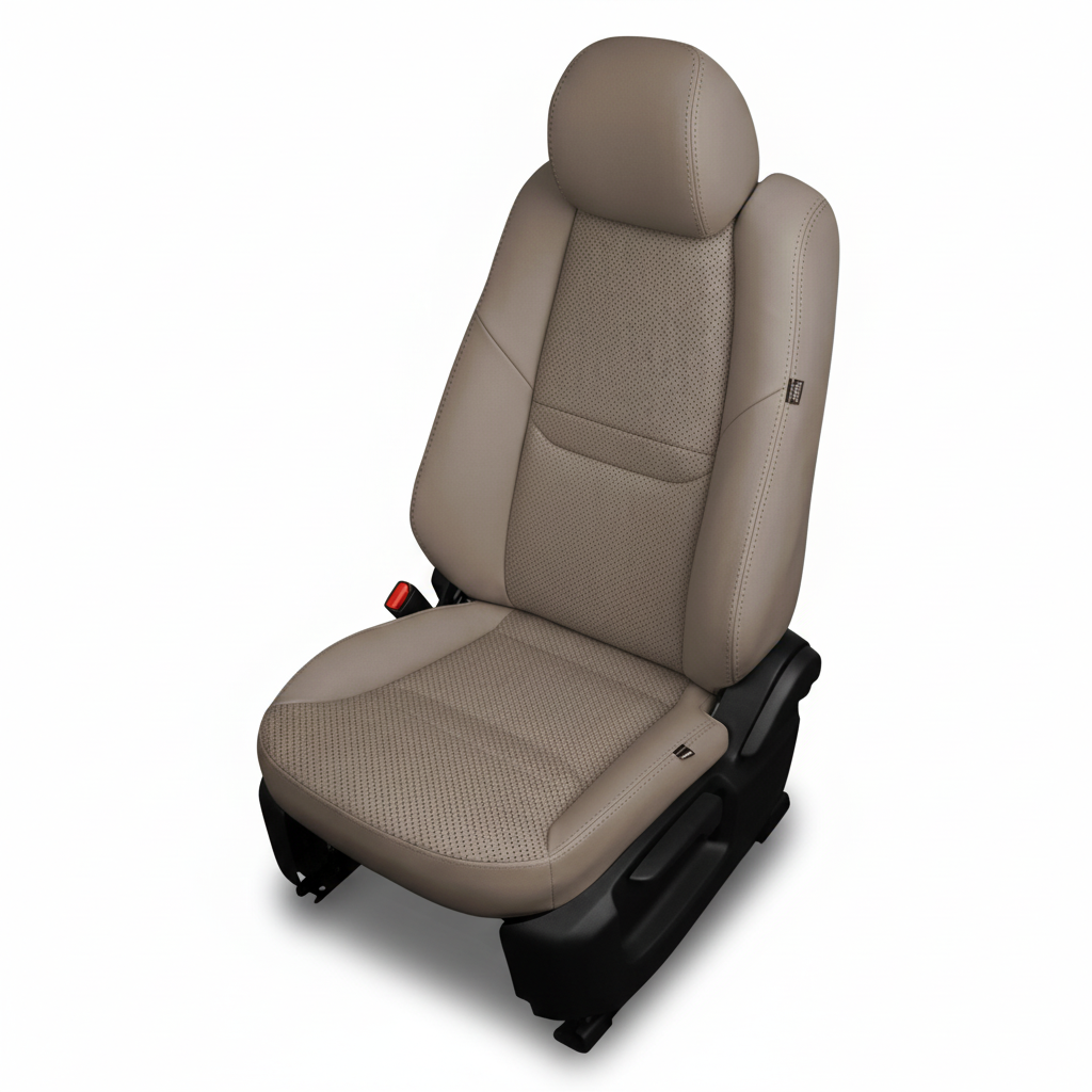 Beige car seat with black seat belt on a white background