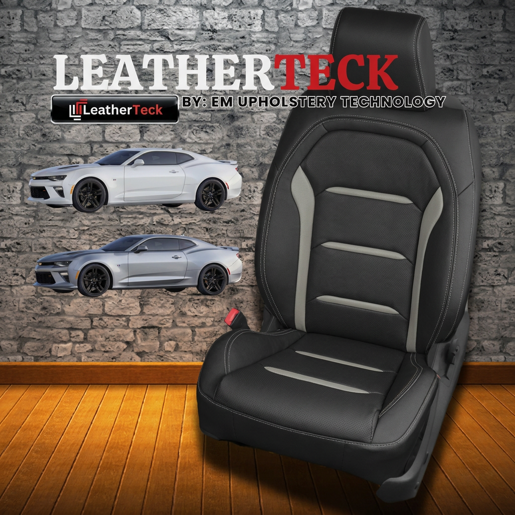 2016-2024 Chevy Camaro Coupe/Convertible LeatherTeck Exclusive Designs Leather Seat Cover Upholstery Kit – Black with Perforated Combo, Pantheon Grey Wings and Koala Grey Stitching (L5)