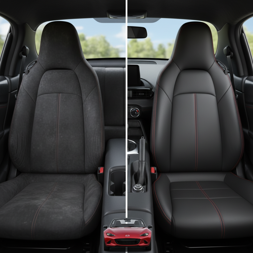 Before-and-after comparison of Mazda Miata front seats, showing original cloth seat upgraded to perforated leather upholstery.
