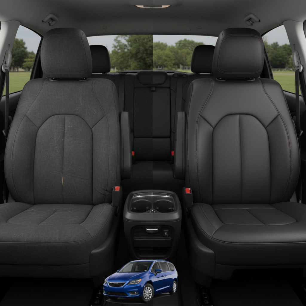 Before-and-after comparison of Chrysler Pacifica front seats, showing original cloth seat upgraded to perforated leather upholstery.
