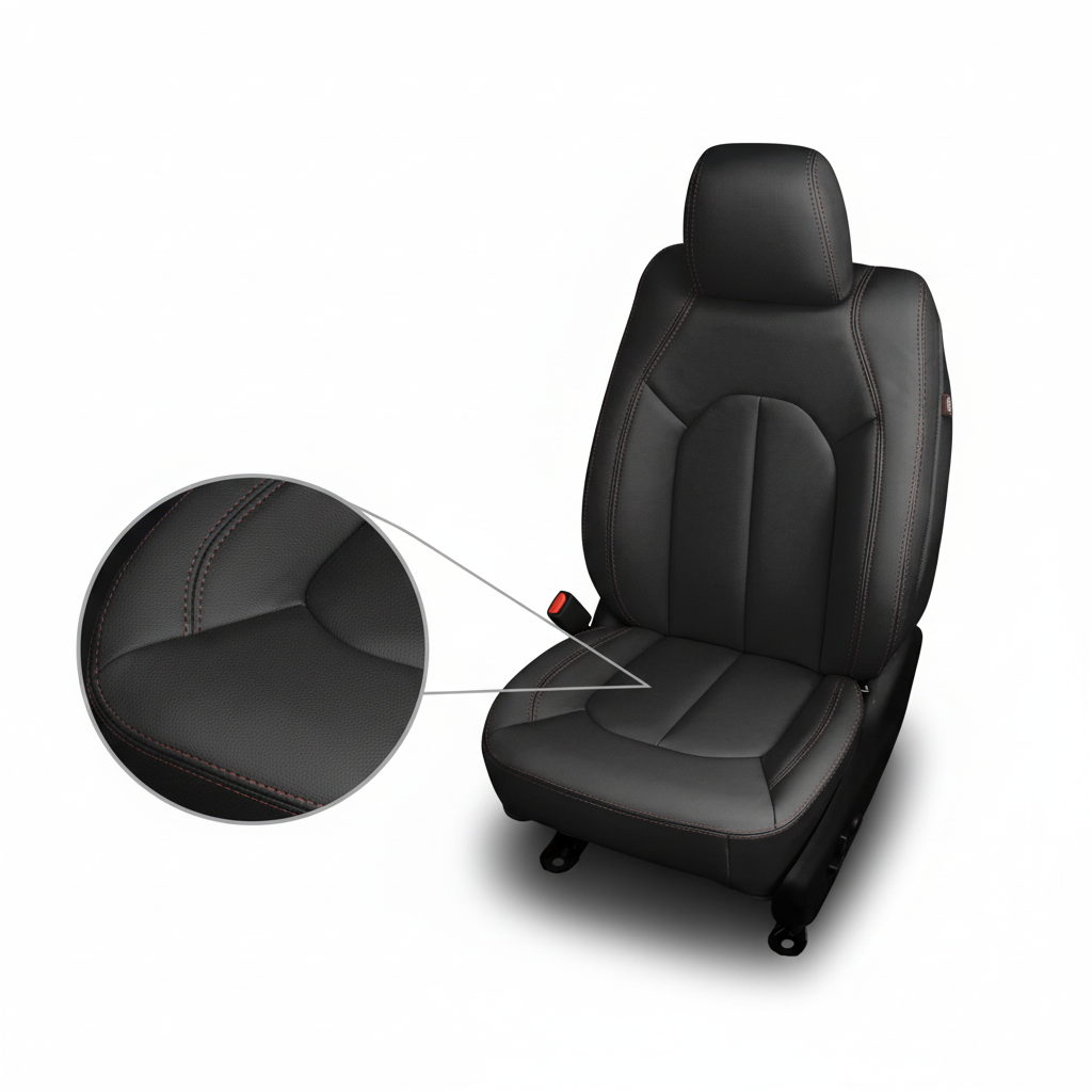 Black car seat with detailed view of stitching on a white background