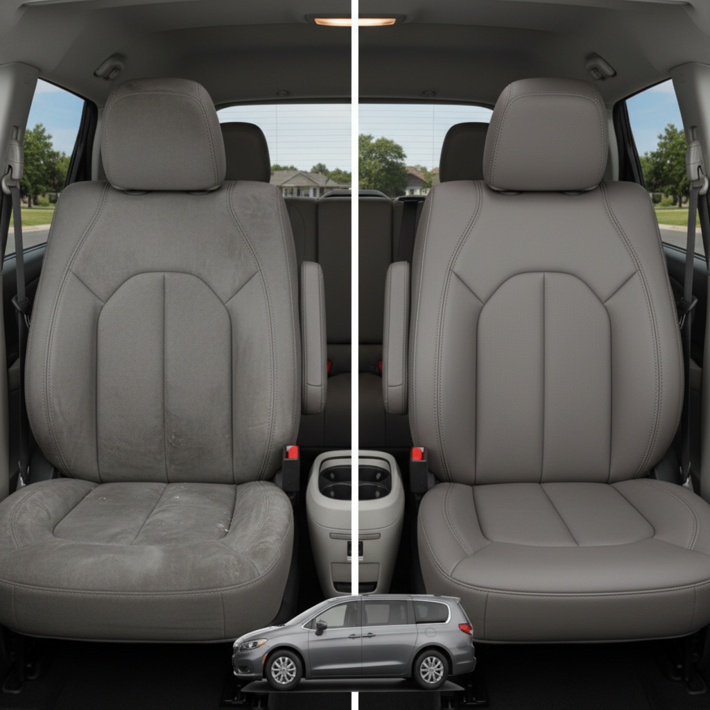 Before-and-after comparison of Chrysler Pacifica front seats, showing original cloth seat upgraded to perforated leather upholstery.
