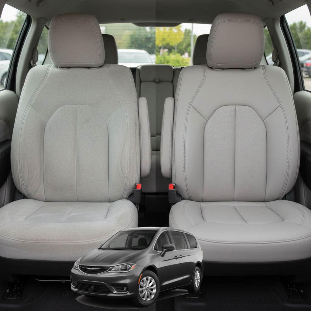 Before-and-after comparison of Chrysler Pacifica front seats, showing original cloth seat upgraded to perforated leather upholstery.

