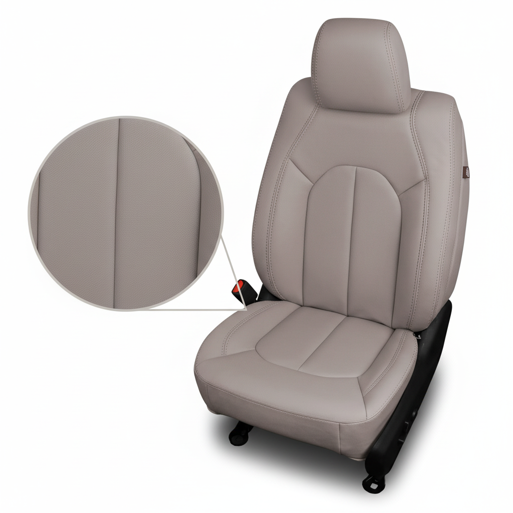 Beige car seat with a close-up inset on a white background