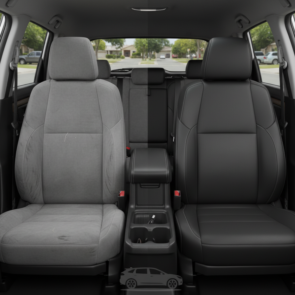 Before-and-after comparison of Buick Regal front seats, showing cloth seat upgraded to perforated leather upholstery.
