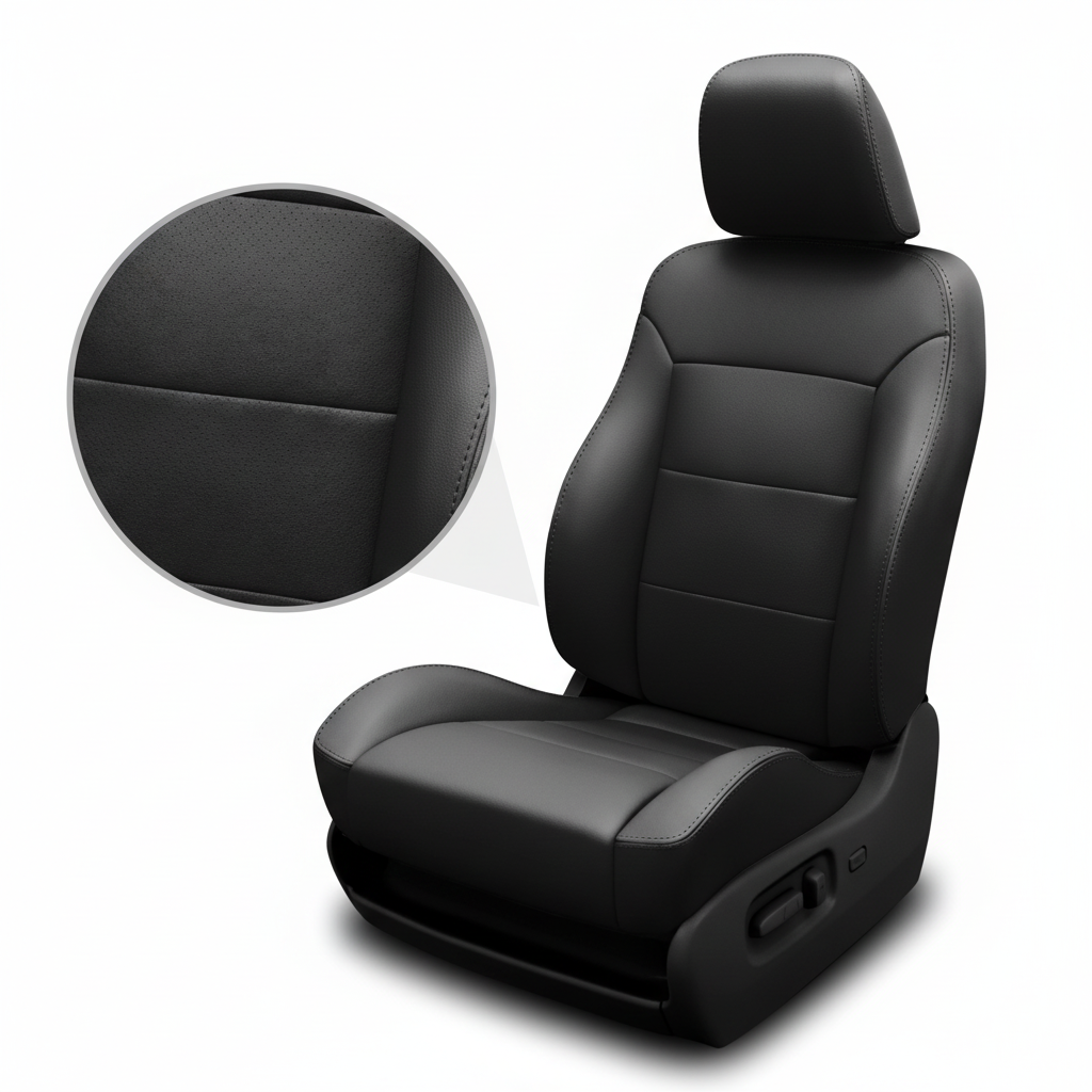 Black car seat cover with detailed texture on a white background