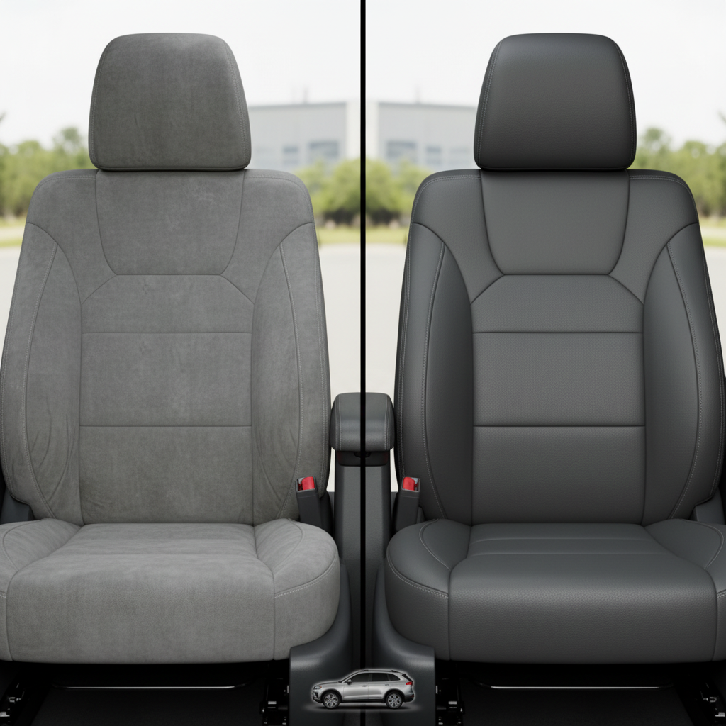 Before-and-after comparison of Buick Regal front seats, showing original cloth seat upgraded to perforated leather upholstery.
