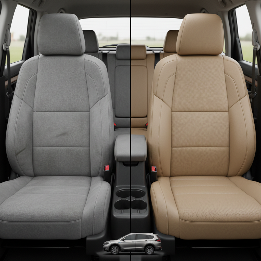 Before-and-after comparison of Buick Regal front seats, showing cloth seat upgraded to perforated leather upholstery.
