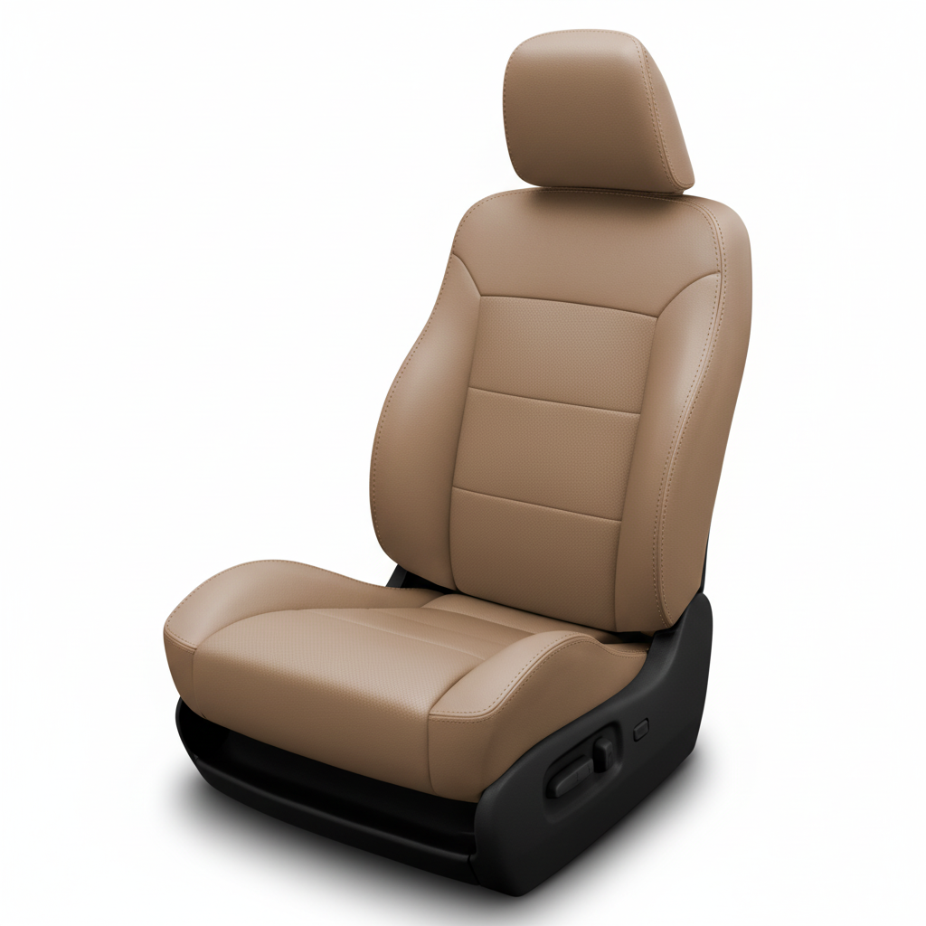 Beige car seat with black base on a white background