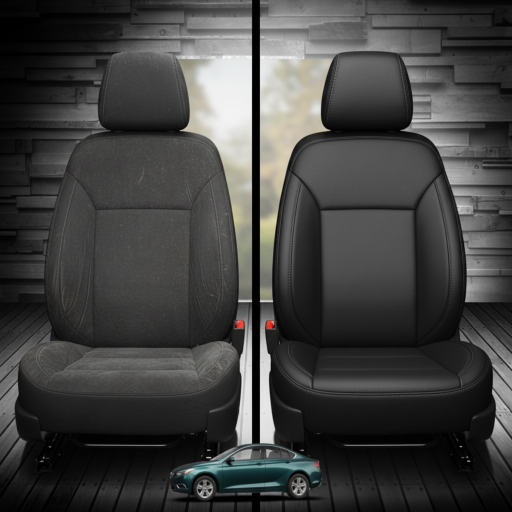 Before-and-after comparison of Buick Regal front seats, showing original cloth seat upgraded to perforated leather upholstery.

