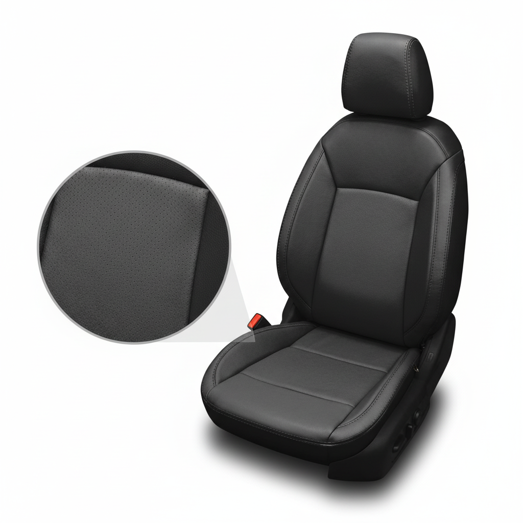 Black car seat cover with a close-up inset on a white background