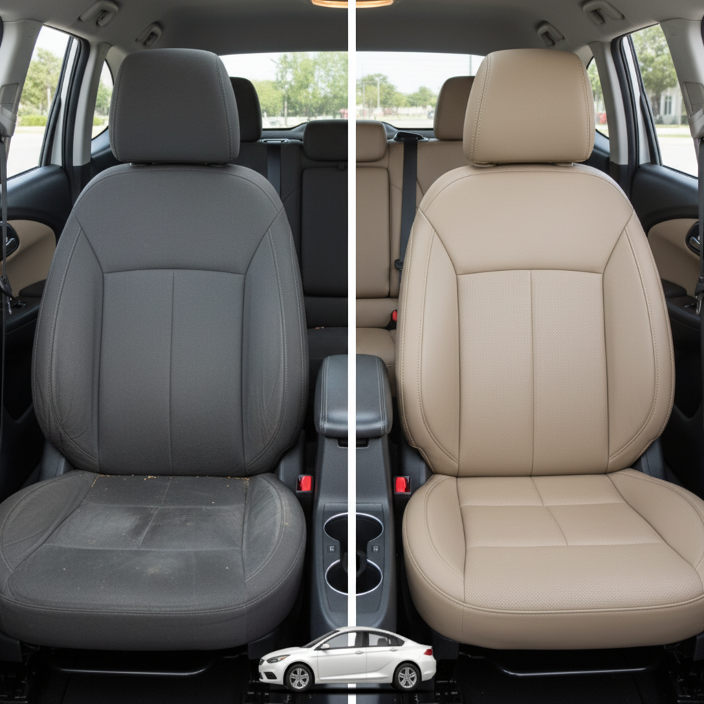 Before-and-after comparison of Buick Regal front seats, showing original cloth seat upgraded to perforated leather upholstery.
