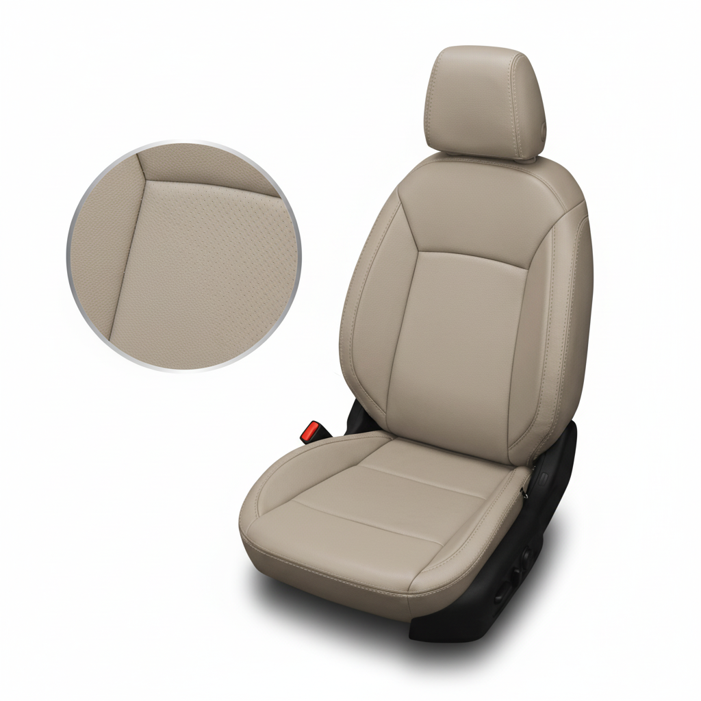 Beige car seat cover with a close-up inset on a white background