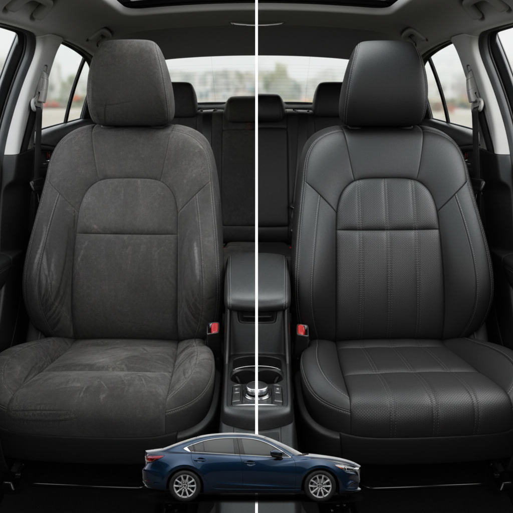 Before-and-after comparison of Mazda 6 front seats, showing original cloth seat upgraded to perforated leather upholstery.

