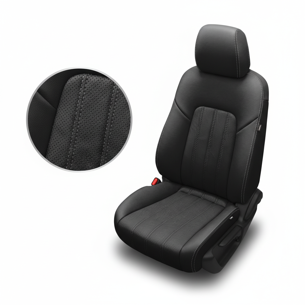 Black car seat cover with detailed texture on a white background