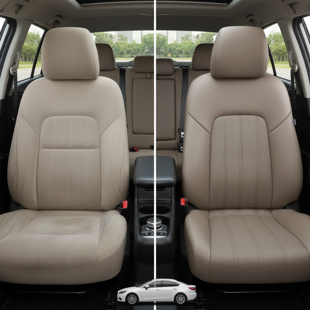 Before-and-after comparison of Mazda 6 front seats, showing original cloth seat upgraded to perforated leather upholstery.
