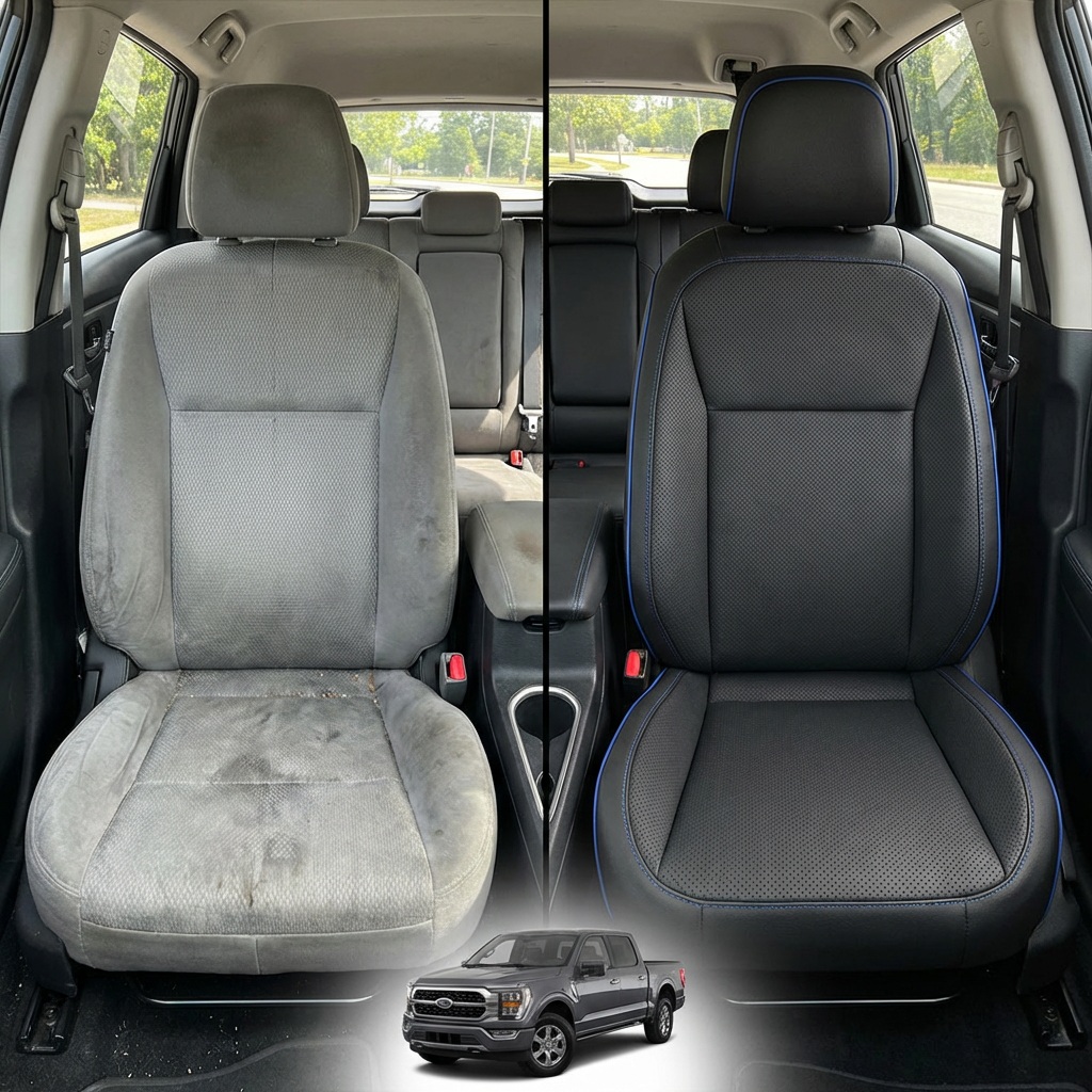 Before-and-after comparison of front seats, showing cloth seat upgraded to perforated leather upholstery.