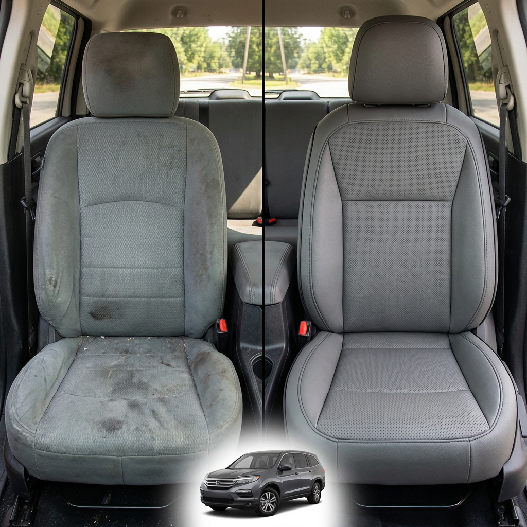Before-and-after comparison of front seats, showing cloth seat upgraded to perforated leather upholstery.