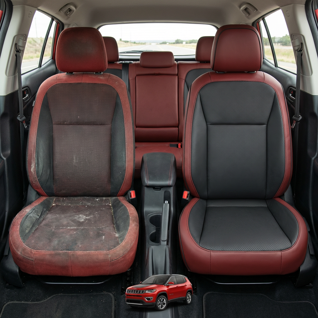 Before-and-after comparison of front seats, showing cloth seat upgraded to perforated leather upholstery.