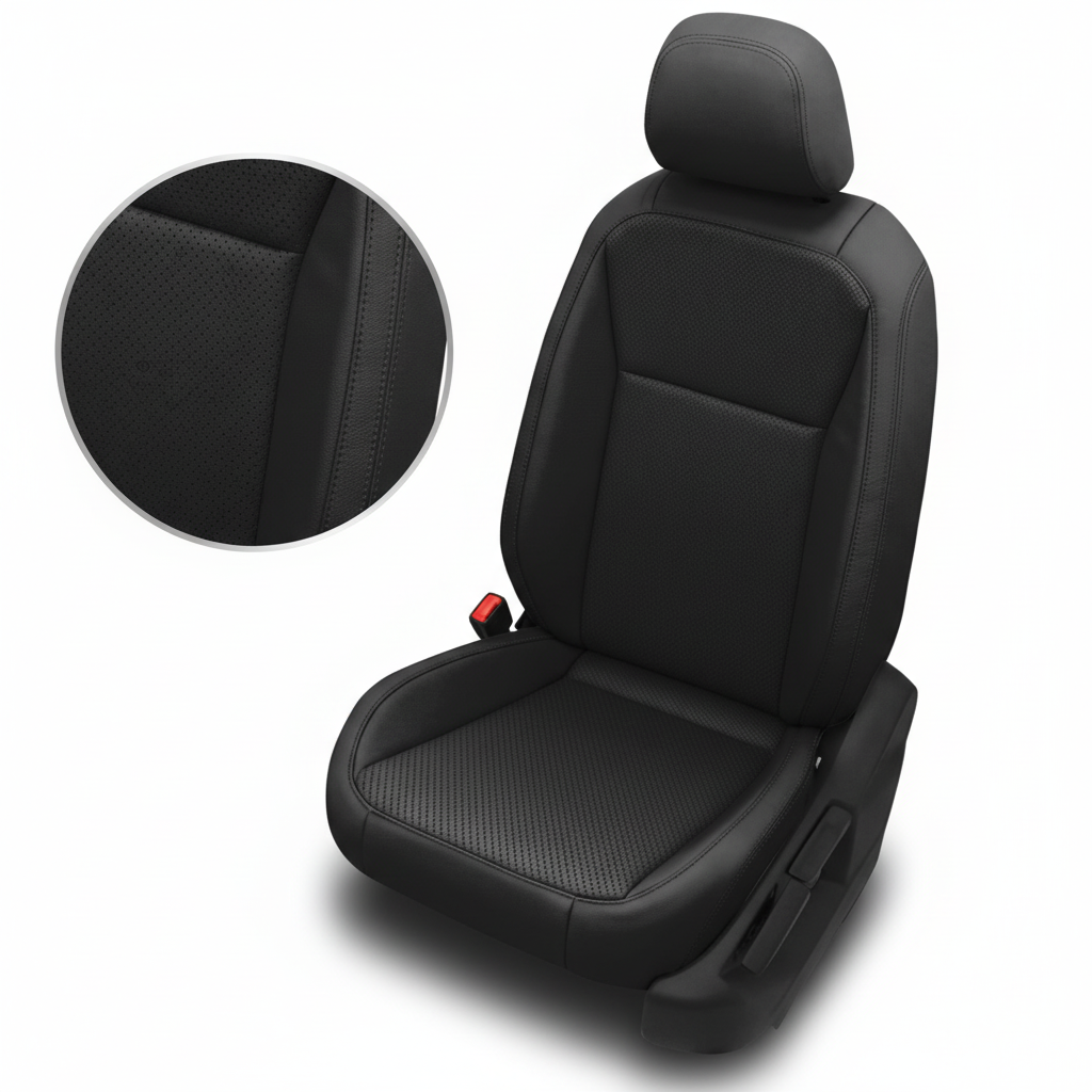 Black car seat cover with detailed texture on a white background
