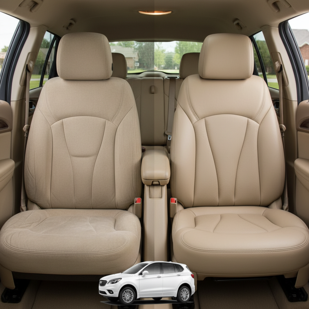 Before-and-after comparison of Buick Envision front seats, showing original cloth seat upgraded to perforated leather upholstery.
