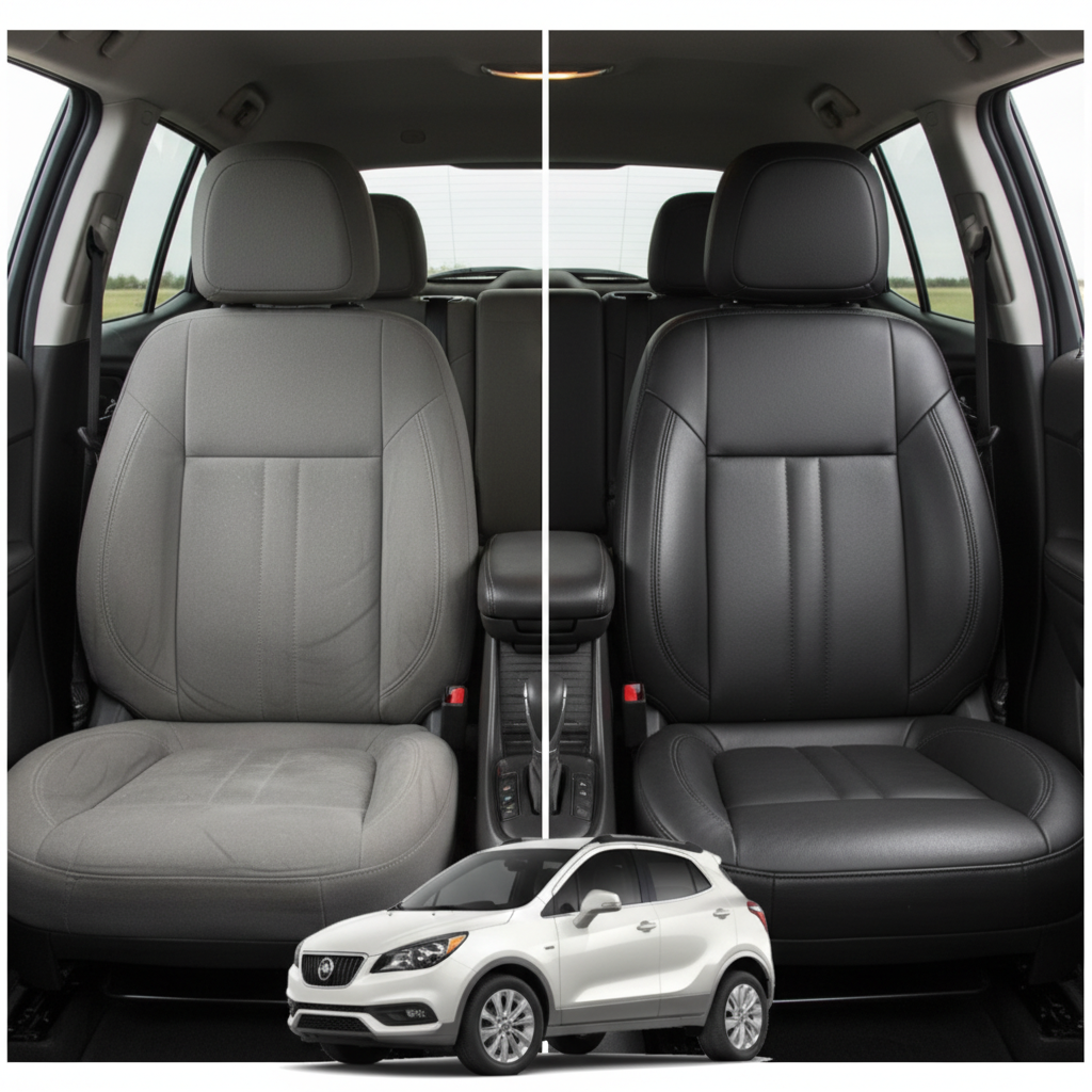 Before-and-after comparison of Buick Encore front seats, showing cloth seat upgraded to perforated leather upholstery.
