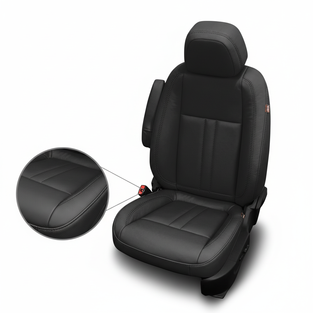 Black car seat cover with detailed view on a white background