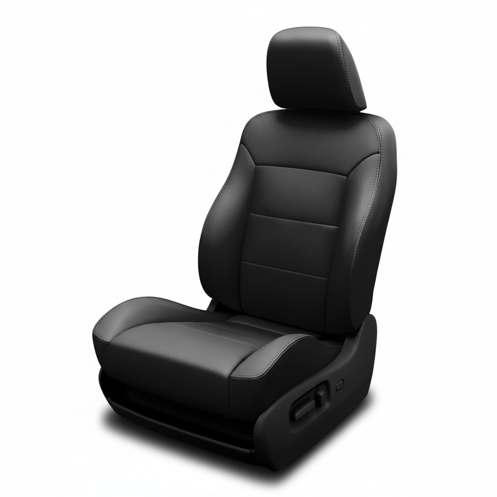 Black leather car seat with smooth panels on a white background.
