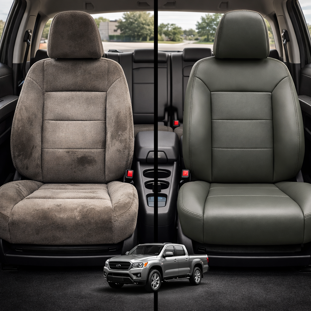 Before-and-after comparison of front seats, showing cloth seat upgraded to perforated leather upholstery.
