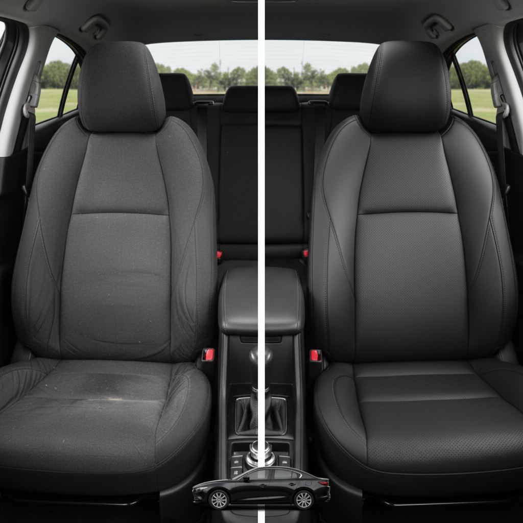 Before-and-after comparison of Mazda 3 front seats, showing original cloth seat upgraded to perforated leather upholstery.

