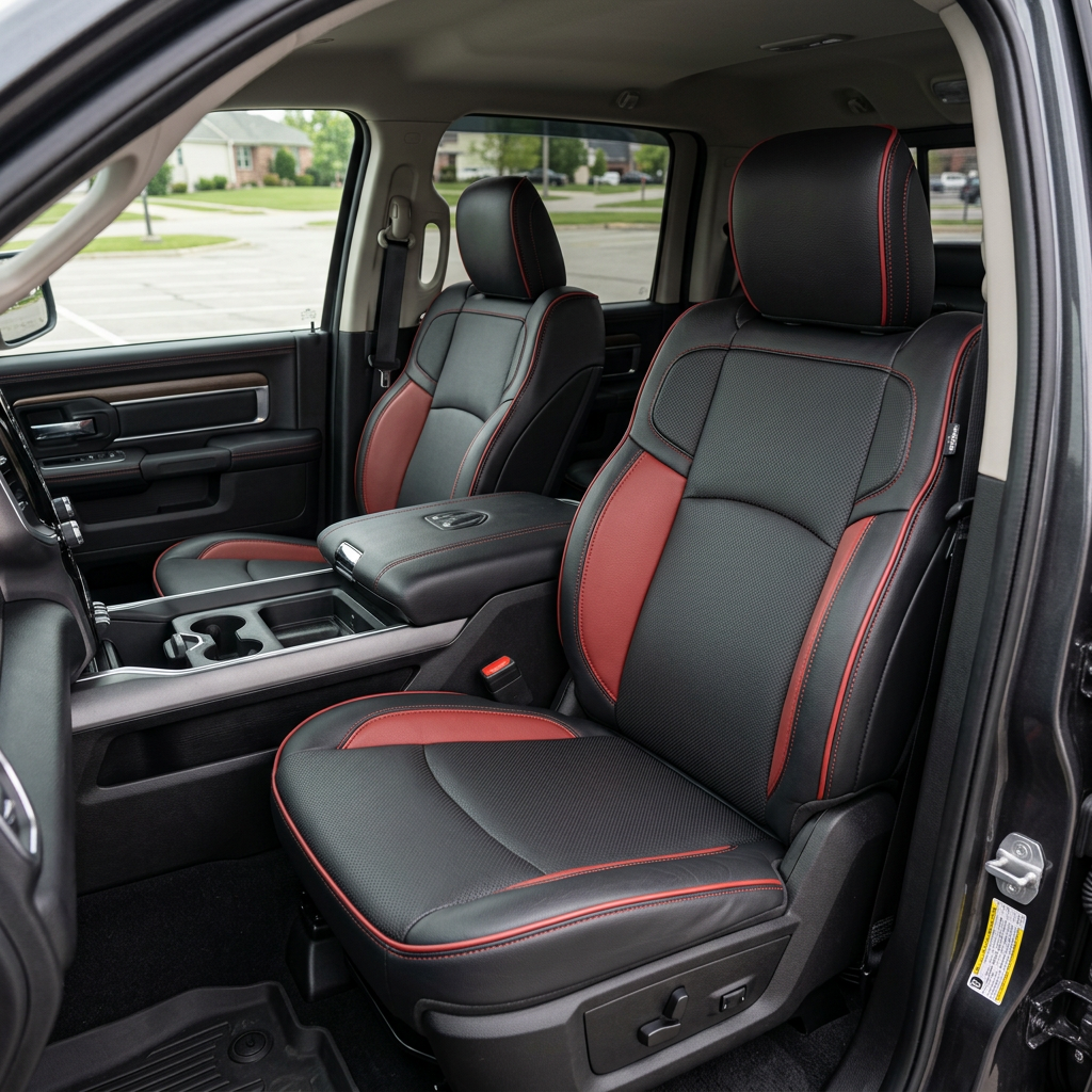 Front in-cabin view of a 2019–2026 RAM 2500_Power Wagon_ with a Leatherteck leather seat upholstery kit in black featuring perforated body inserts, medium red accent panels, medium red contrast stitching, and medium red edge piping, shown from the open driver-side door with the front bucket seats, center console/armrest, and cupholders visible.