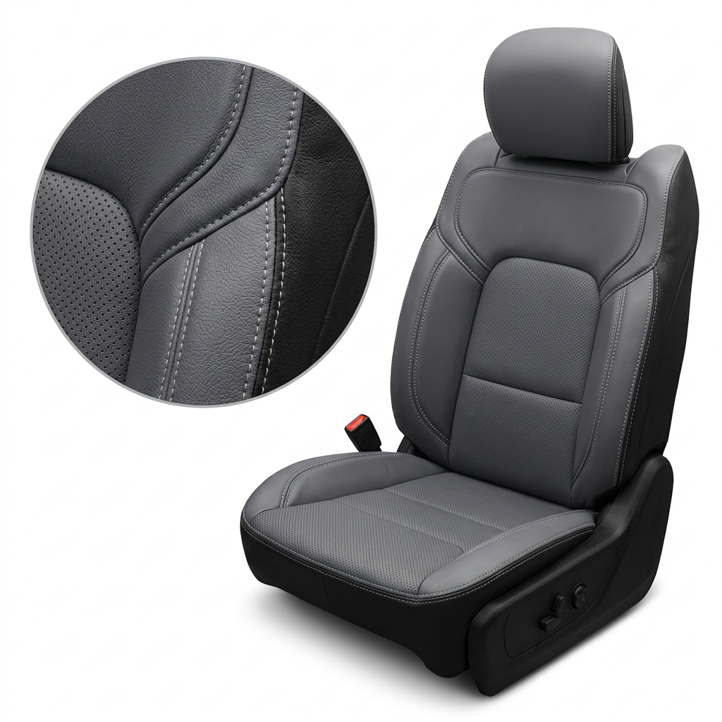 Close-up product image of a 2019–2026 RAM DT 1500 Leatherteck leather seat upholstery kit in black with lapis grey facing panels, perforated combination center inserts, and light gray contrast stitching, shown on a white background with a circular zoom inset highlighting the leather grain, perforation pattern, and double-stitched seam detail.