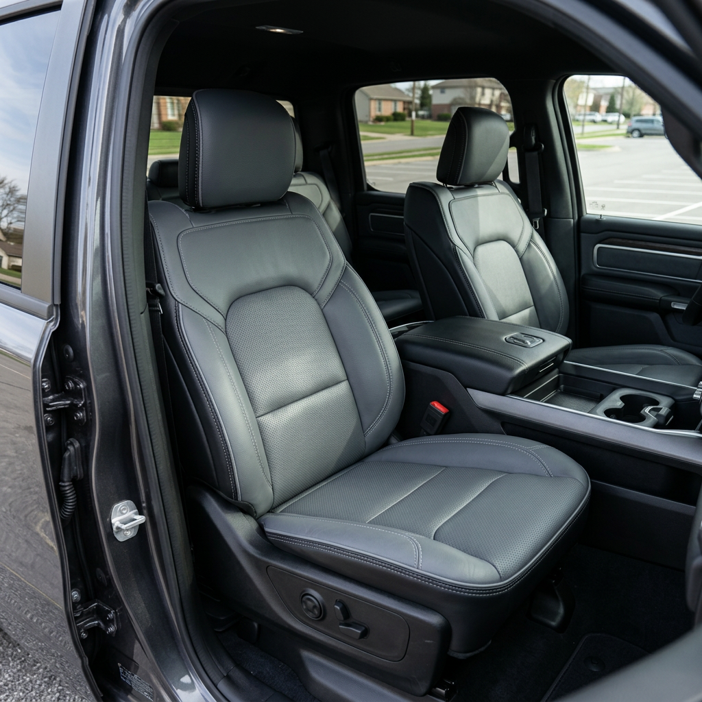 Front in-cabin view of a 2019–2026 RAM DT 1500 with an installed Leatherteck leather seat upholstery kit in black featuring lapis grey facing panels, perforated combination center inserts, and light gray contrast stitching, photographed from the open driver-side door showing the driver and passenger bucket seats, headrests, and the center console/armrest with cupholders, with a glimpse of the rear seating and door panel trim.