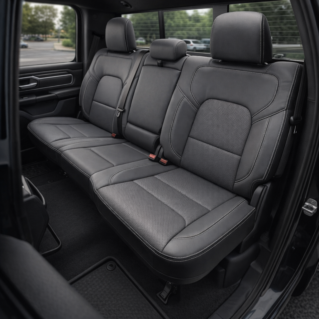 Rear in-cabin view of a 2019–2026 RAM DT 1500 with an installed Leatherteck leather seat upholstery kit in black with lapis grey facing panels, perforated combination center inserts, and light gray contrast stitching, showing the rear bench seat, three headrests, seatbelts/buckles, rear door panel, and rear floor mat/liner.