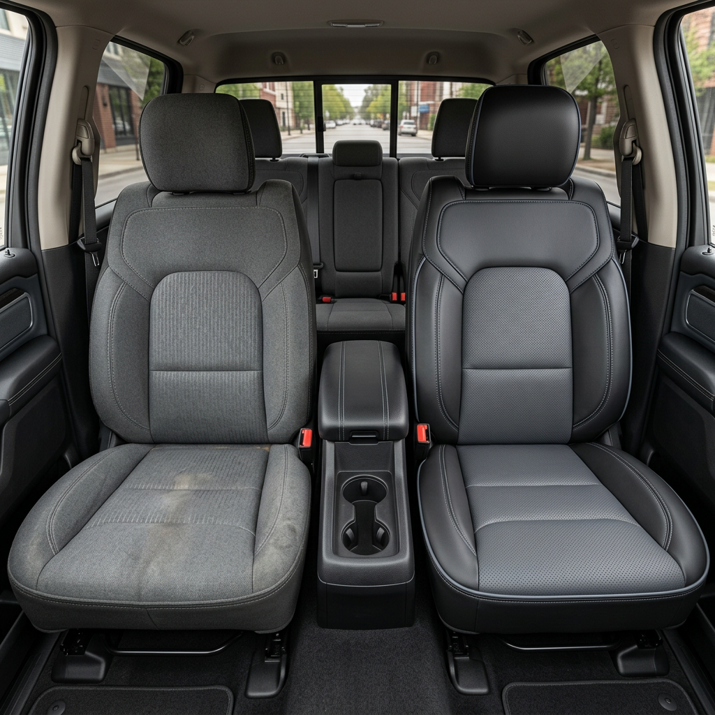 Before-and-after front in-cabin view of a 2019–2026 RAM DT 1500 split down the middle: the left shows the factory gray cloth front seat, while the right shows the upgraded Leatherteck leather upholstery in black with lapis grey perforated body inserts, perforated combination center inserts, lapis grey contrast stitching, and lapis grey edge piping, with the center console/cupholders and rear bench seat visible in the background.