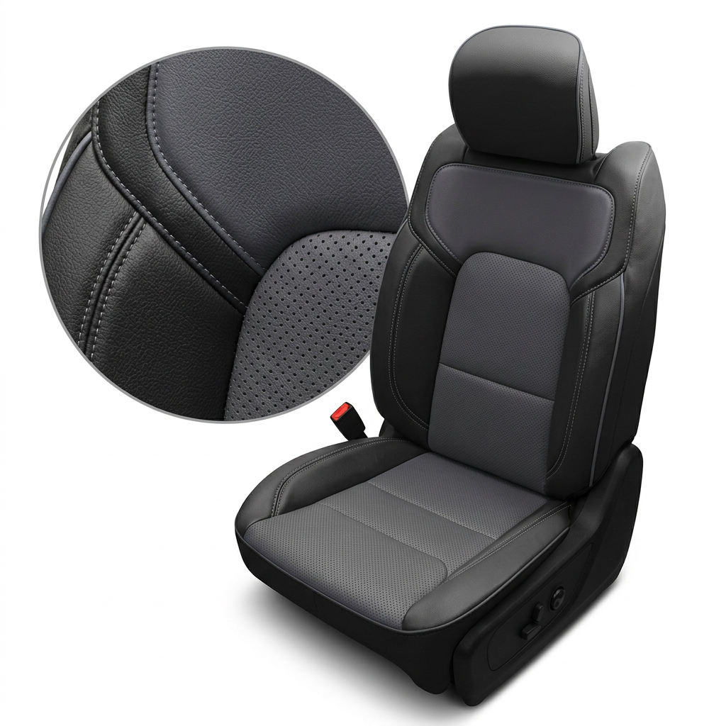 Close-up product image of a 2019–2026 RAM DT 1500 Leatherteck leather seat upholstery kit in black with lapis grey perforated body inserts, perforated combination center inserts, lapis grey contrast stitching, and lapis grey edge piping, shown on a white background with a circular zoom inset highlighting the leather grain, perforation pattern, and double-stitched seam detail.

