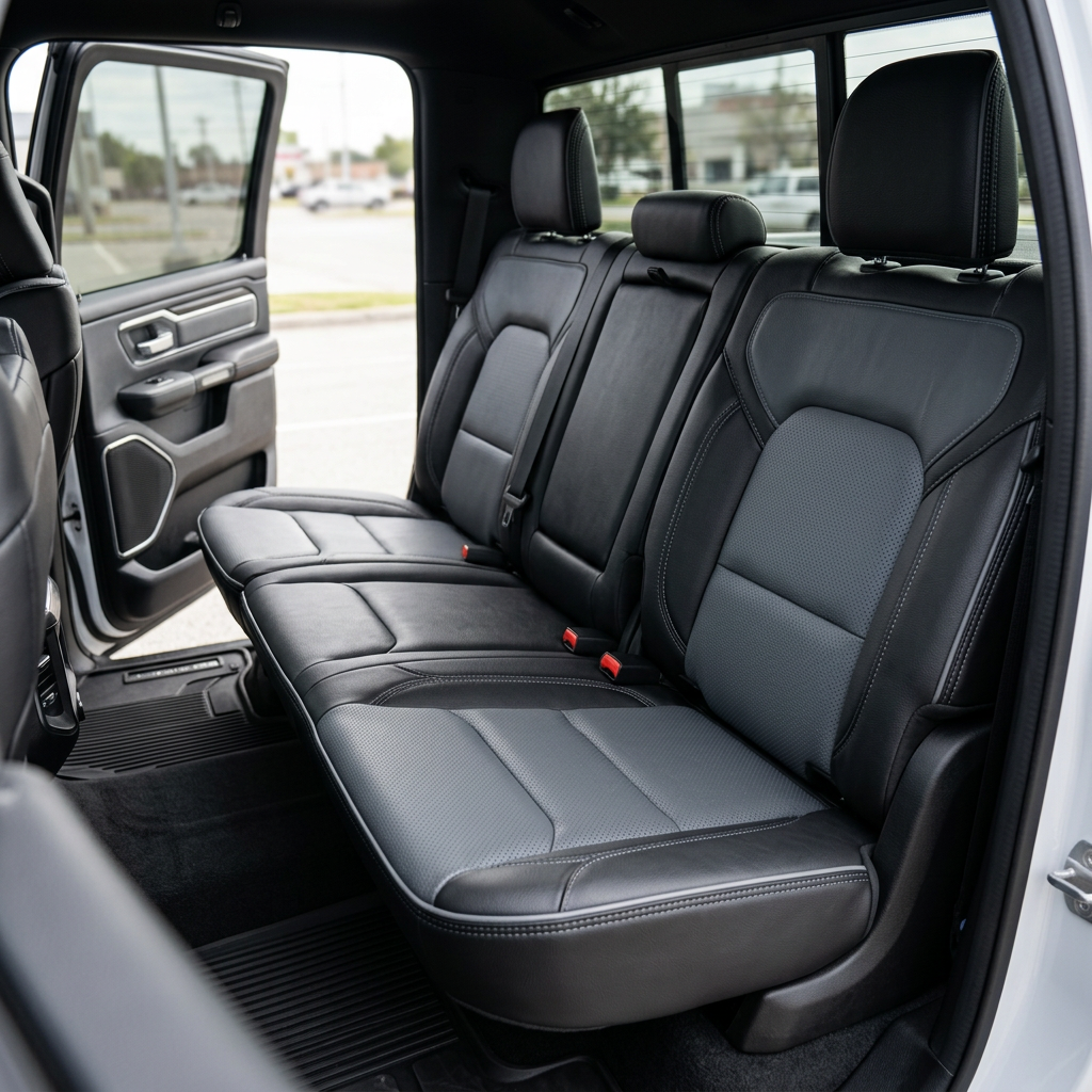 Rear in-cabin view of a 2019–2026 RAM DT 1500 with an installed Leatherteck leather seat upholstery kit in black featuring lapis grey perforated body inserts, perforated combination center inserts, lapis grey contrast stitching, and lapis grey edge piping, showing the rear bench seat, three headrests, seatbelts/buckles, open rear door and door panel, and the rear floor mat/liner.