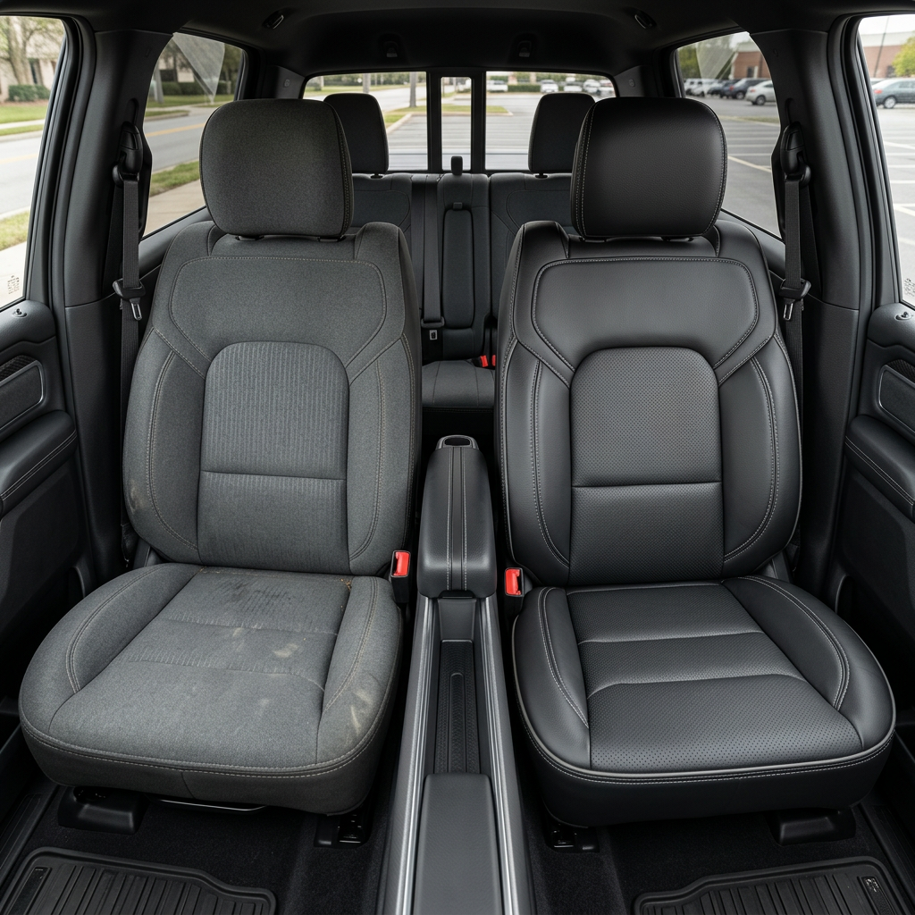  Before-and-after front in-cabin view of a 2019–2026 RAM DT 1500 split down the middle: the left shows the factory dark gray cloth front seat, while the right shows the upgraded Leatherteck leather upholstery in black with perforated combination inserts and ash gray contrast stitching, with the center console/cupholders and rear bench seat visible in the background.


