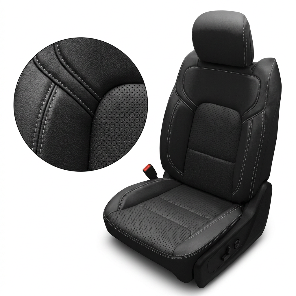 Close-up product image of a 2019–2026 RAM DT 1500 Leatherteck leather seat upholstery kit in black with perforated combination center inserts and ash gray contrast stitching, shown on a white background with a circular zoom inset highlighting the leather grain, perforation pattern, and double-stitched seam detail.