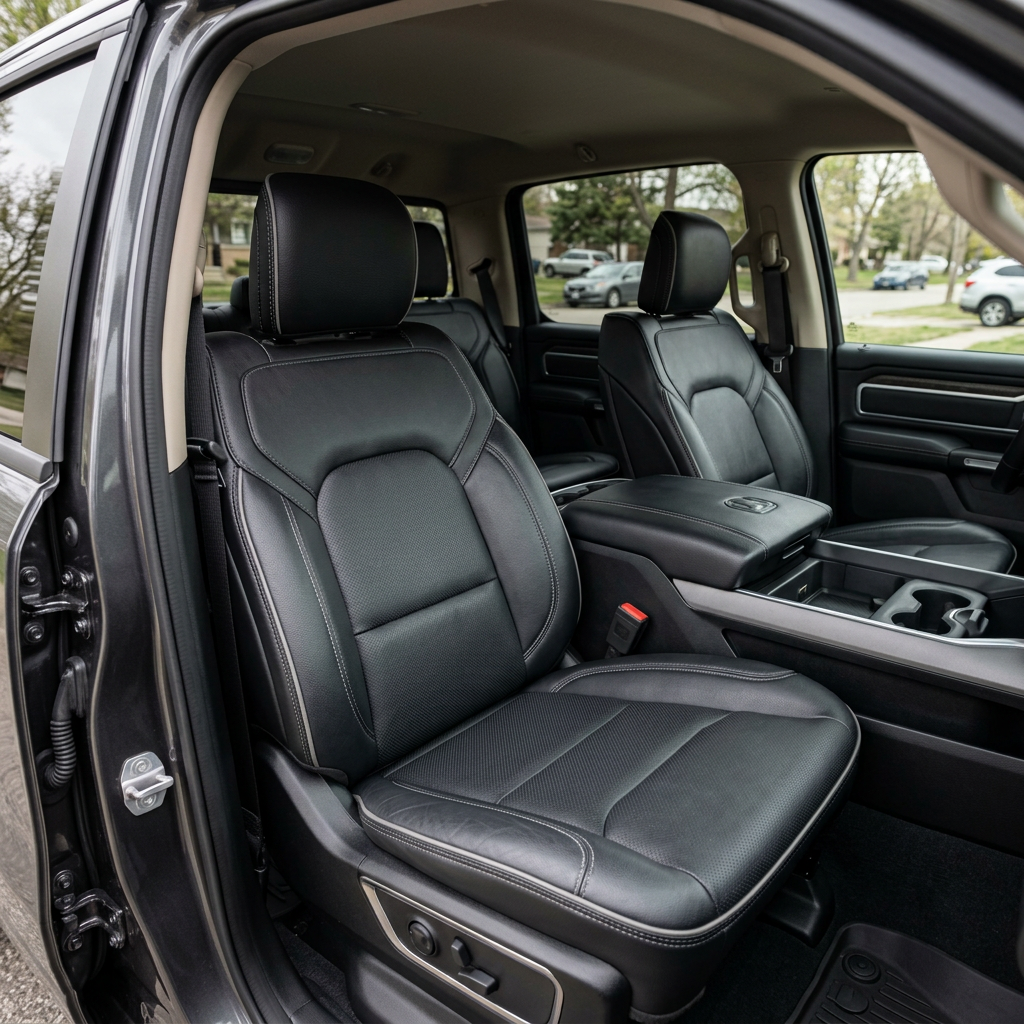  Front in-cabin view of a 2019–2026 RAM DT 1500 with an installed Leatherteck leather seat upholstery kit in black featuring perforated combination center inserts and ash gray contrast stitching, shown from the open driver-side door with the driver and passenger bucket seats, headrests, and center console/armrest with cupholders visible.