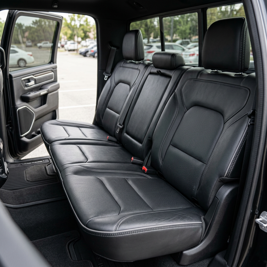 Rear in-cabin view of a 2019–2026 RAM DT 1500 with an installed Leatherteck leather seat upholstery kit in black featuring perforated combination inserts and ash gray contrast stitching, showing the rear bench seat, three headrests, seatbelts/buckles, open rear door and door panel, and rear floor mat/liner.