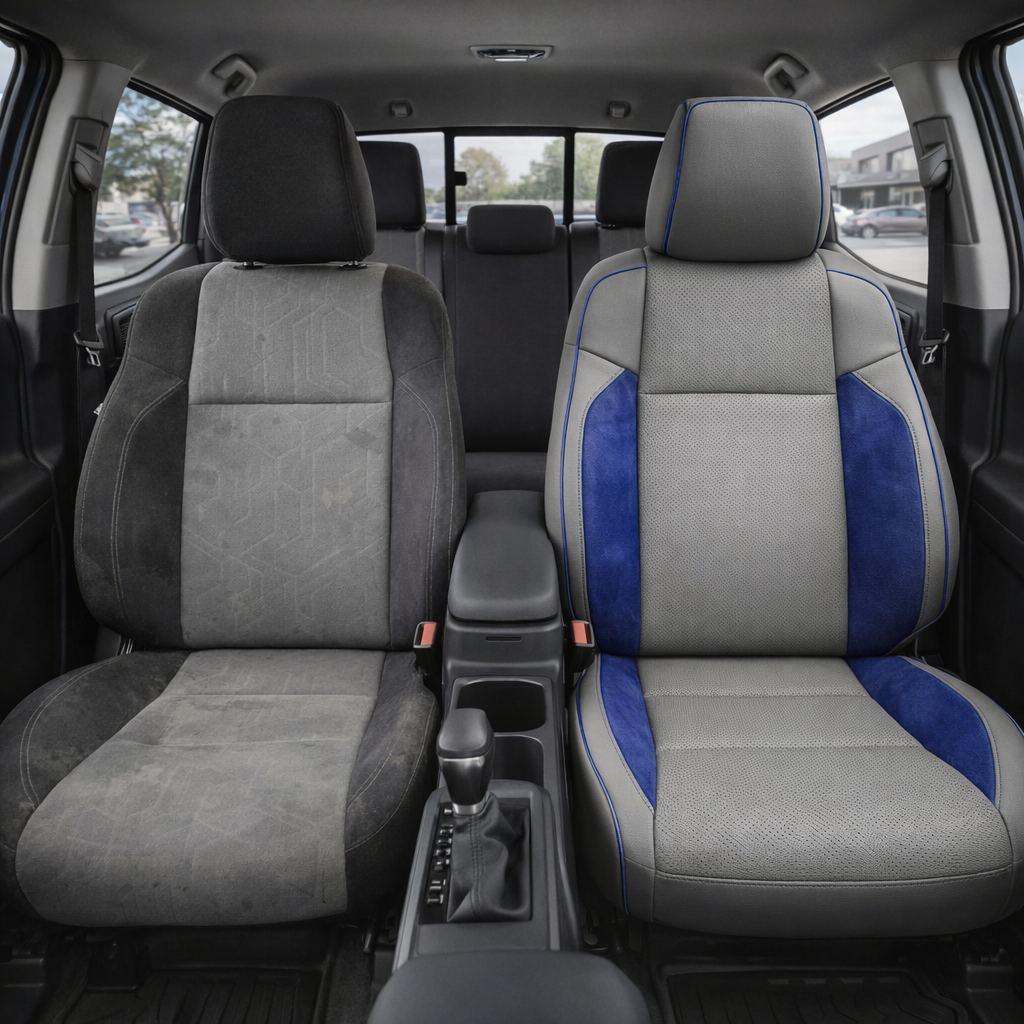Before-and-after front in-cabin view of a 2020–2023 Toyota Tacoma split by seats: the left front seat shows the factory gray cloth upholstery, while the right front seat shows the upgraded Leatherteck leather upholstery kit in light grey with sapphire blue suede accent panels, perforated light grey center inserts, and sapphire blue contrast piping/stitching, with the center console, cupholders, gear shifter, armrest, rear bench seat, headrests, seatbelts, door panels, and black floor mats visible.