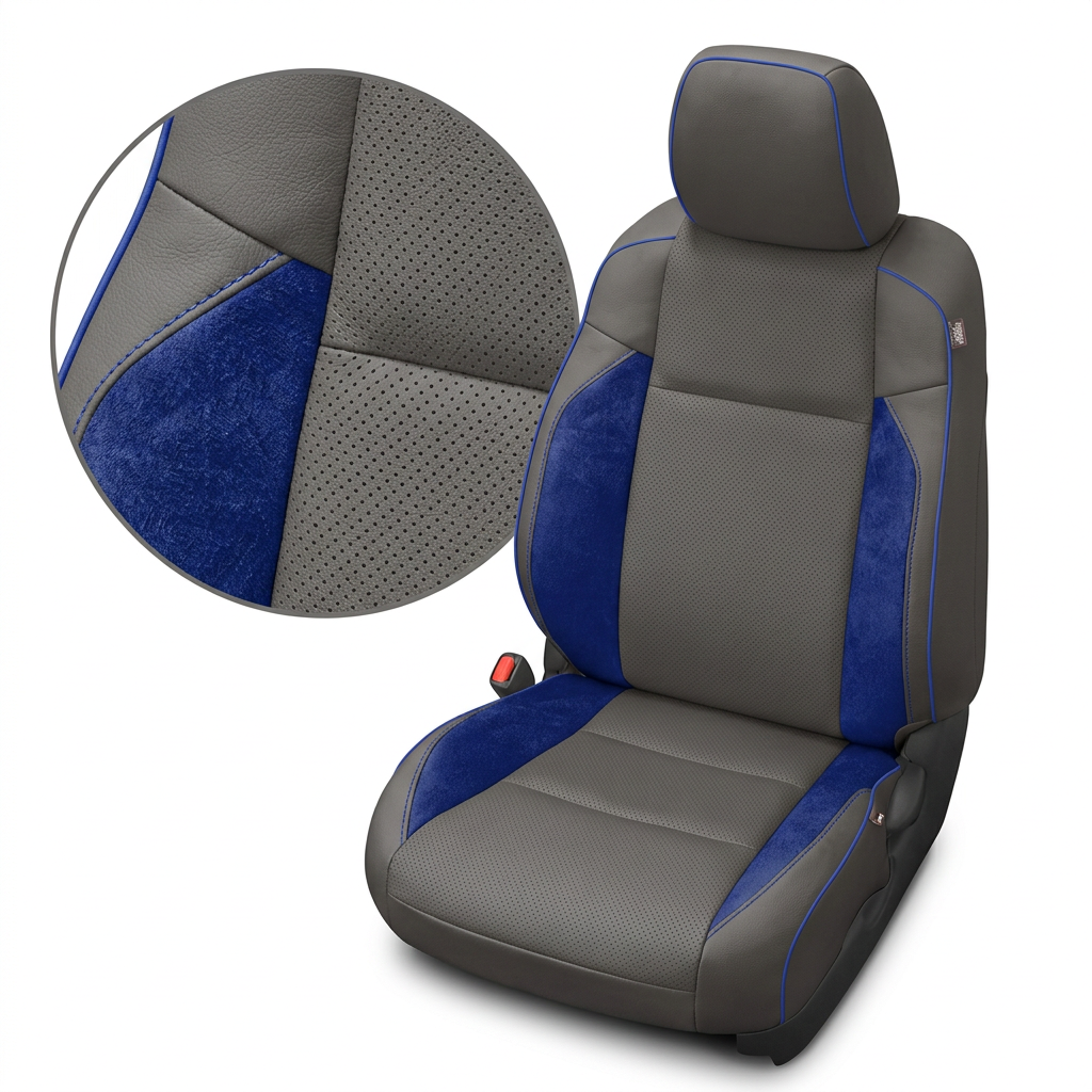 Close-up product image of a 2020–2023 Toyota Tacoma Leatherteck leather upholstery kit in light grey with sapphire blue suede accent panels, perforated light grey center inserts, and sapphire blue contrast piping/stitching, shown on a white background with a circular zoom inset highlighting the suede texture, leather grain, perforation pattern, and stitched seam detail.