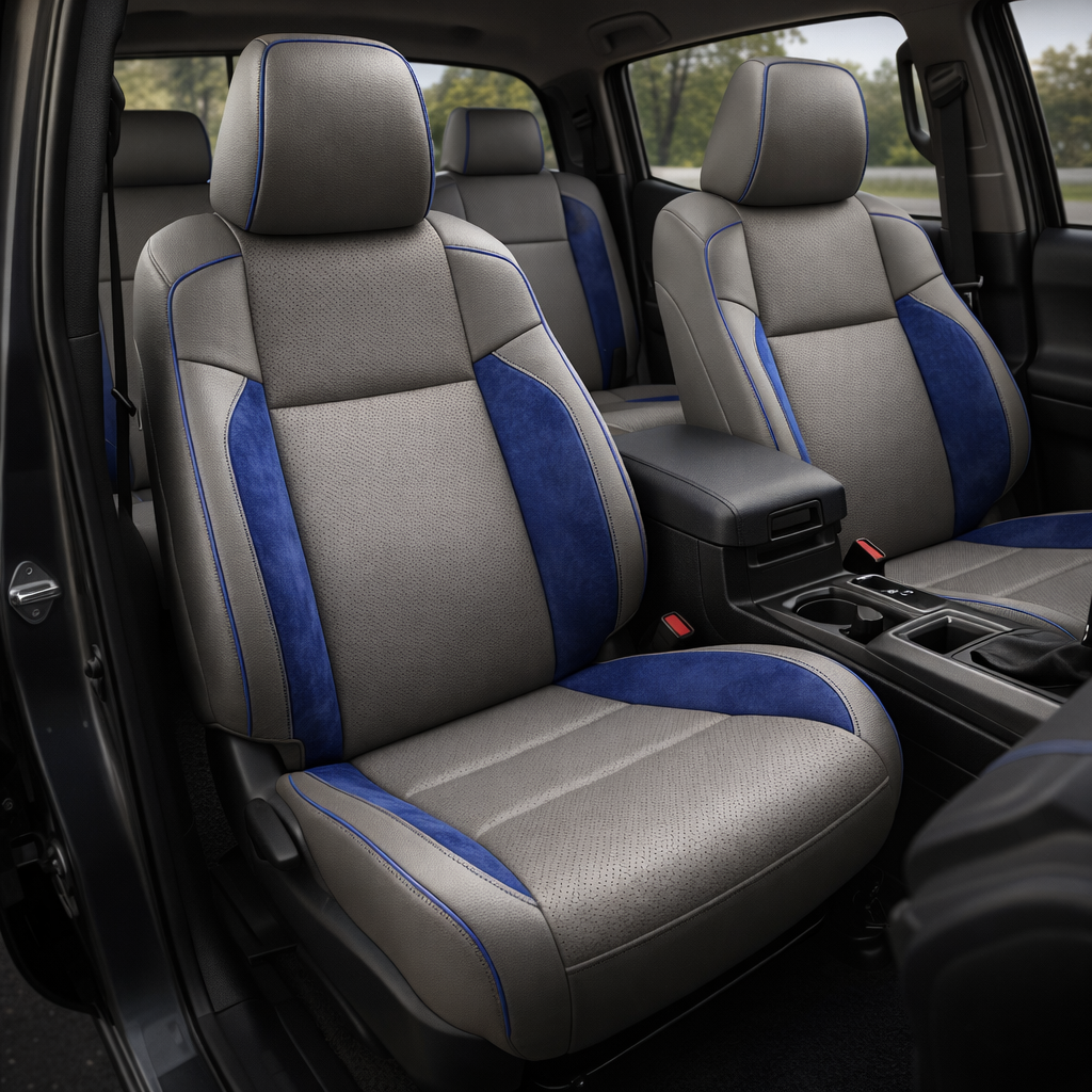 Front in-cabin view of a 2020–2023 Toyota Tacoma with an installed Leatherteck leather upholstery kit in light grey featuring sapphire blue suede accent panels, perforated light grey center inserts, and sapphire blue contrast piping/stitching, shown from the open driver-side door with the front bucket seats, headrests, center console/armrest, cupholders, gear shifter, rear bench seat, door panel, and black floor mat visible.