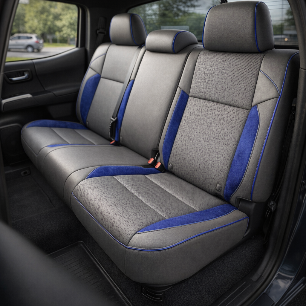 Rear in-cabin view of a 2020–2023 Toyota Tacoma with an installed Leatherteck leather upholstery kit in light grey featuring sapphire blue suede accent panels, perforated light grey center inserts, and sapphire blue contrast piping/stitching, shown through the open rear door with the rear bench seat, three headrests, seatbelts/buckles, rear door panel, and black floor mat visible.