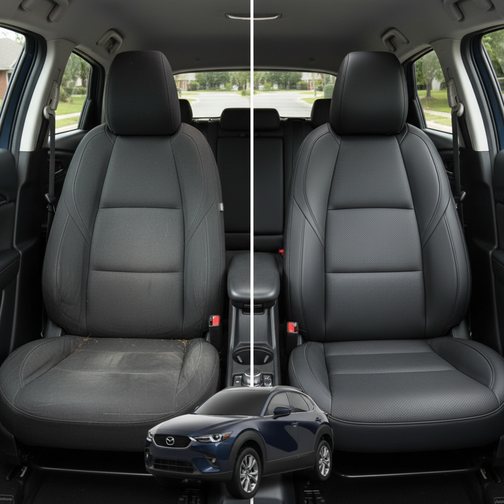 Before-and-after comparison of Mazda Cx30 front seats, showing original cloth seat upgraded to perforated leather upholstery.
