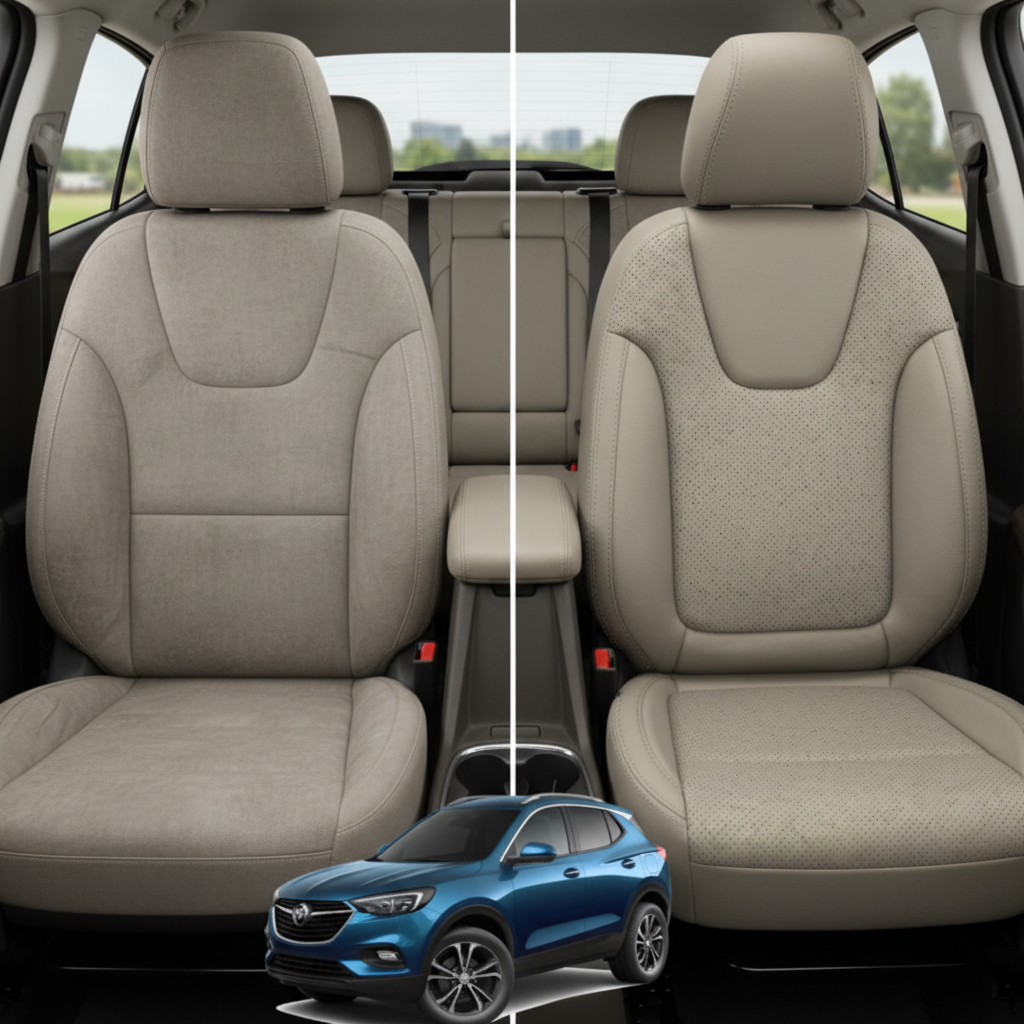 Before-and-after comparison of Buick Encore front seats, showing original cloth seat upgraded to perforated leather upholstery.
