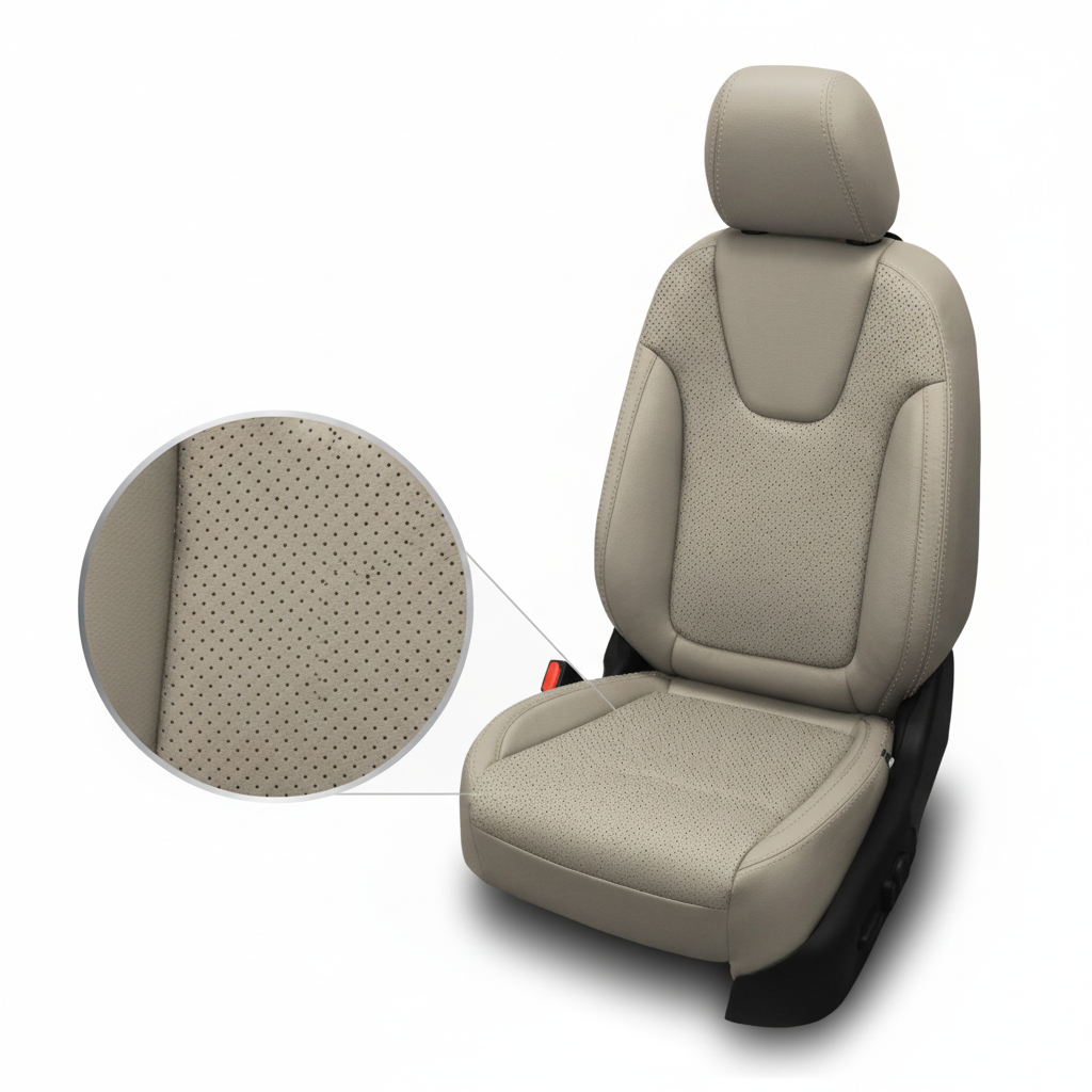 Close up detailed beige car seat cover with detailed texture on a white background